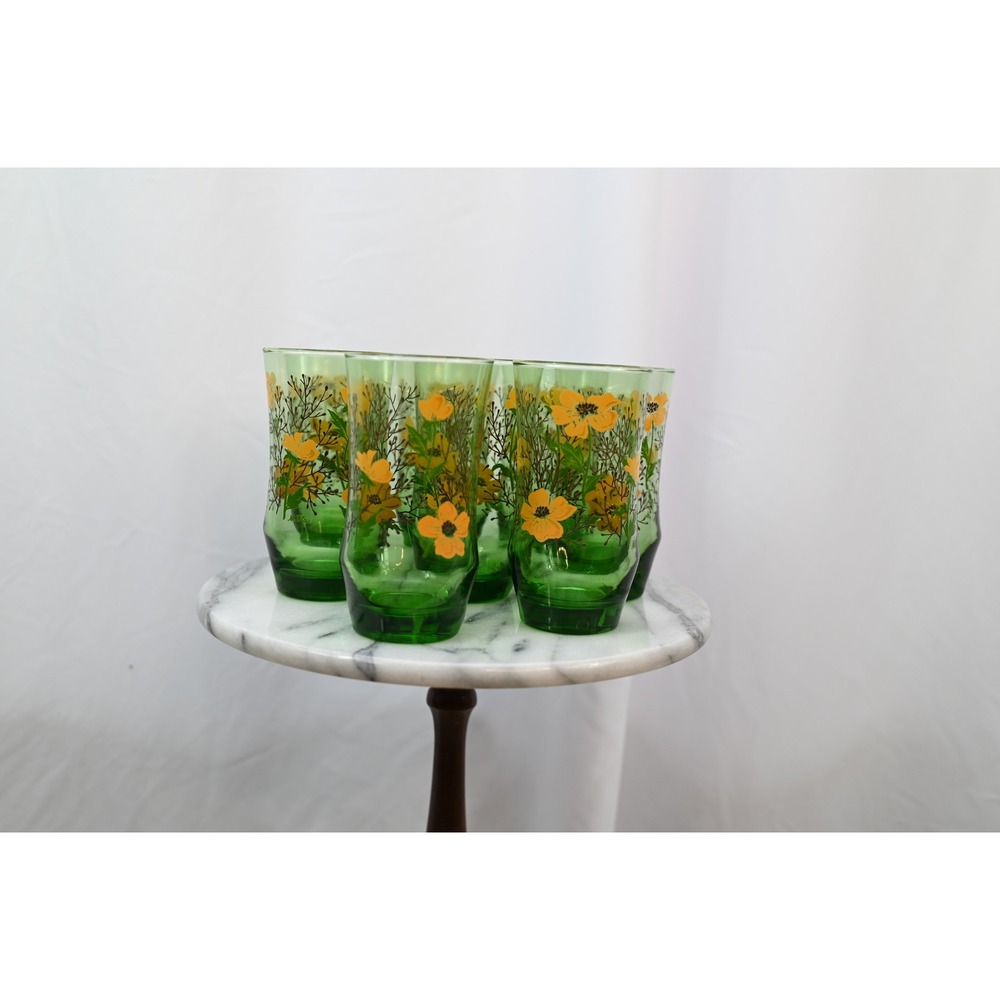 Libbey Vintage 70s M Dia Green Glass Floral Tumblers Set of 8 Flower 5.5 Inch